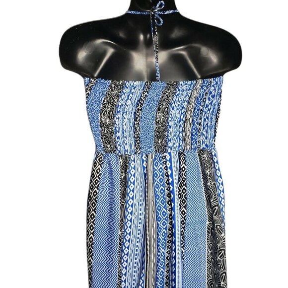 Smock Top Maxi Geometric Print Blue White Black Halter Dress Size XL - Picture 7 of 9